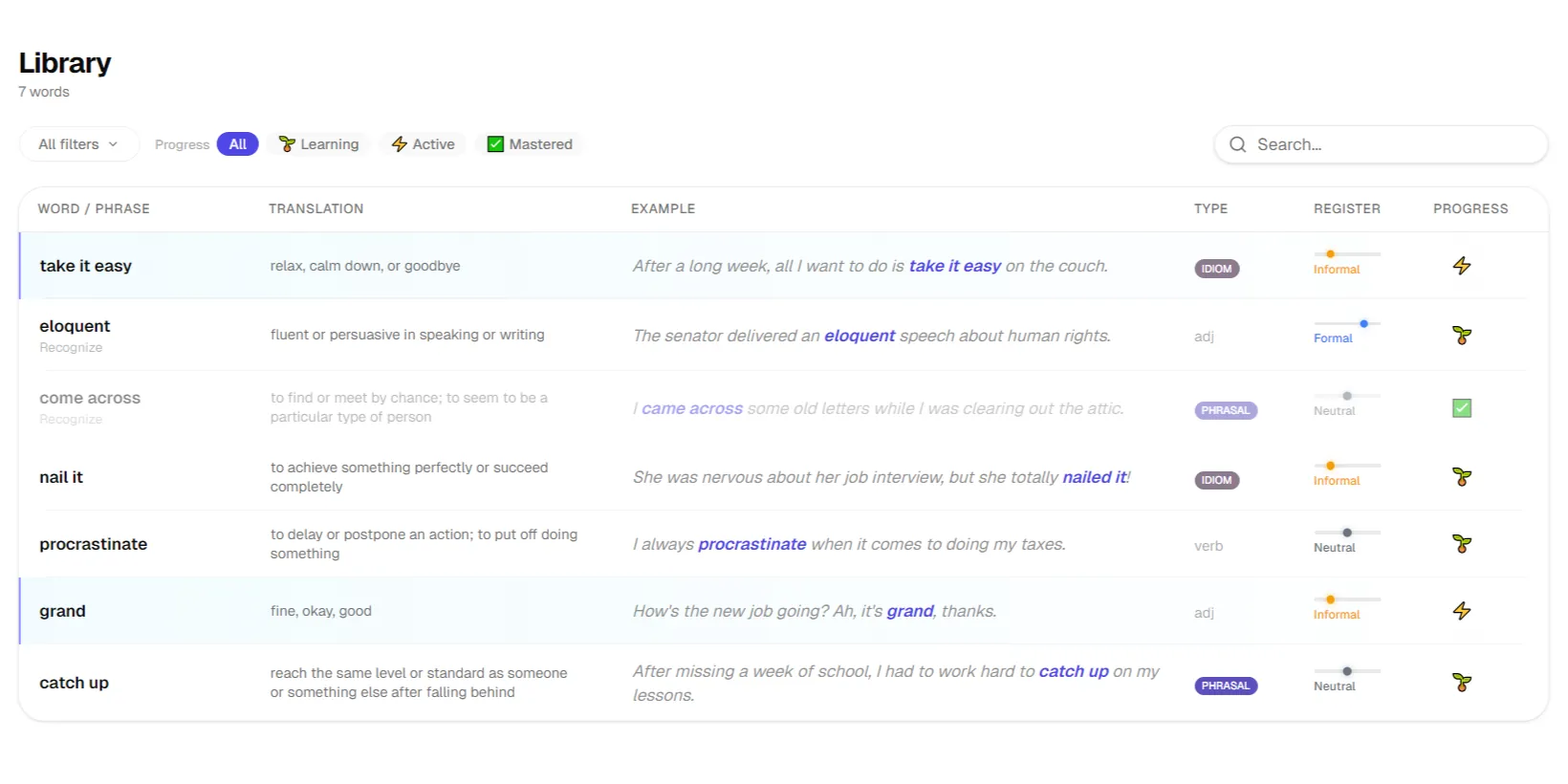 Neltiv library — saved words list
